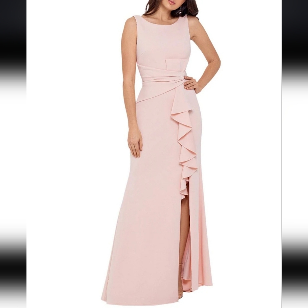 NWT Betsy & Adam Petite Sleeveless Boat Neck Front Ruffle Gown